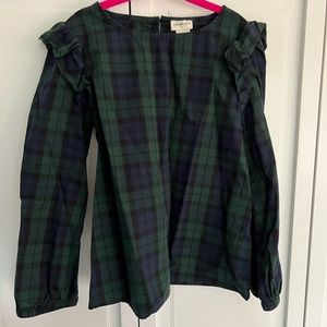 Crewcuts girls size 8 black watch plaid top with ruffle detail.